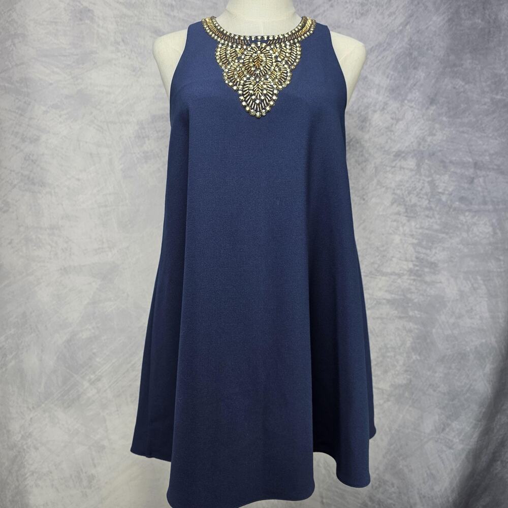 Lilly Pulitzer Dress Womens XS Navy Blue Beaded Neckline Swing Trapeze Party